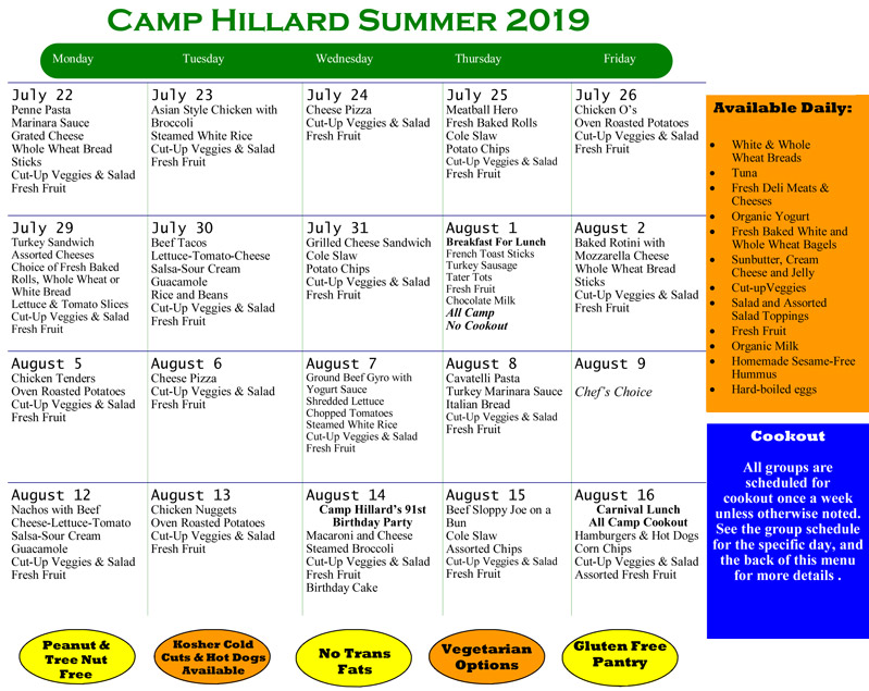 Sample Camp Hillard Menu